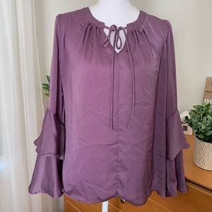 Silky lavender/lilac blouse with ruffle sleeves
